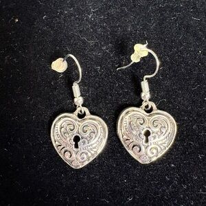 Silver Tone Heart Lock Dangle Earrings
